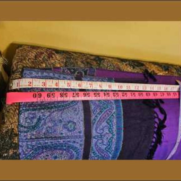 COPY - Purple, dark/medium blues, white, black fringe, cashmere scarf, unisex - Picture 4 of 6